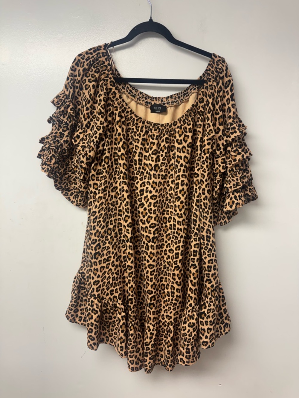 VICI Leopard Print Ruffle Sleeve Mini Dress Womens Large Boho Tiered Babydoll A8 - Picture 3 of 9